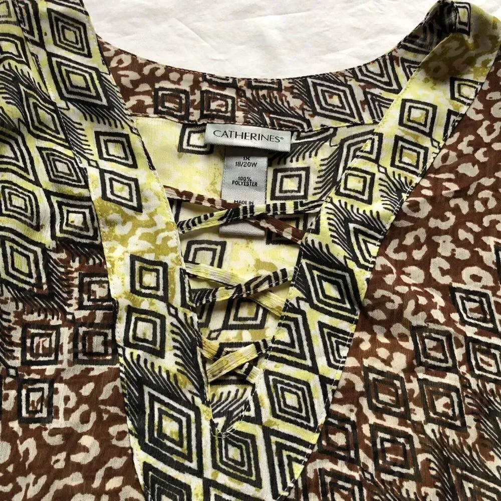 Catherines Tunic Blouse light weight, black yellow and brown print v-neck 1X